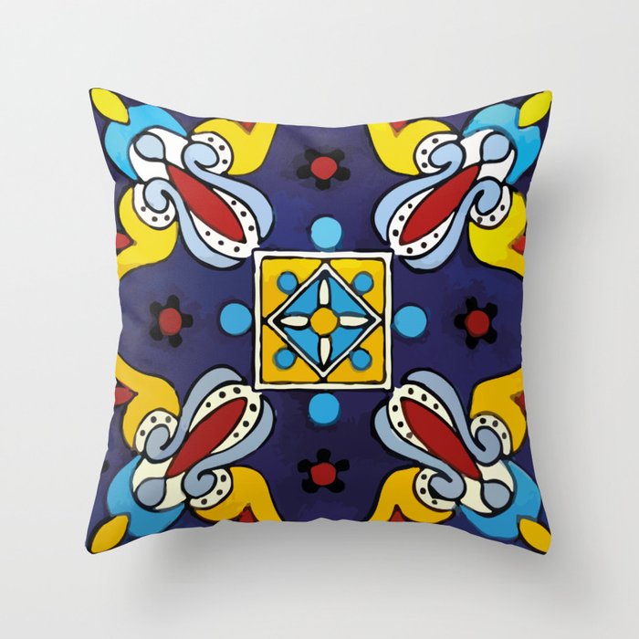 Abstract blue cruz mexican modern talavera tile wall Throw Pillow Gallery Image 1