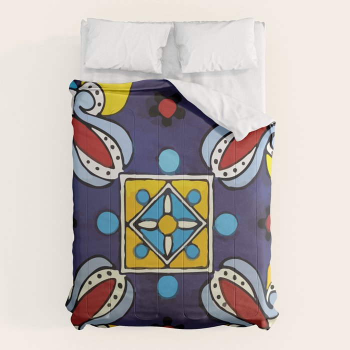Abstract Blue Cruz Mexican Modern Talavera Tile Wall Comforter