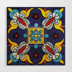 Abstract blue cruz mexican modern talavera tile wall Wood Wall Art Gallery Image 1