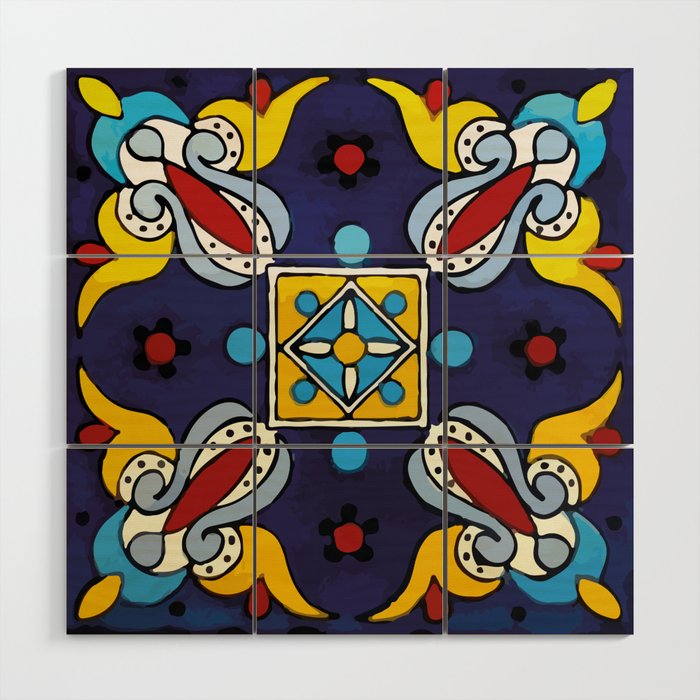 Abstract blue cruz mexican modern talavera tile wall Wood Wall Art Gallery Image 1