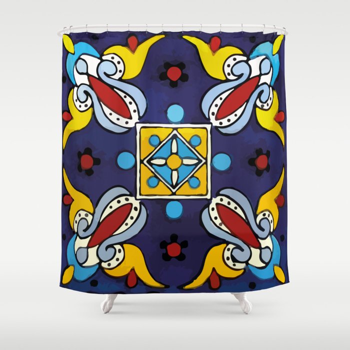Abstract blue cruz mexican modern talavera tile wall Shower Curtain Gallery Image 1