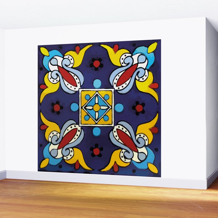 Abstract blue cruz mexican modern talavera tile wall Wall Mural Gallery Image 2
