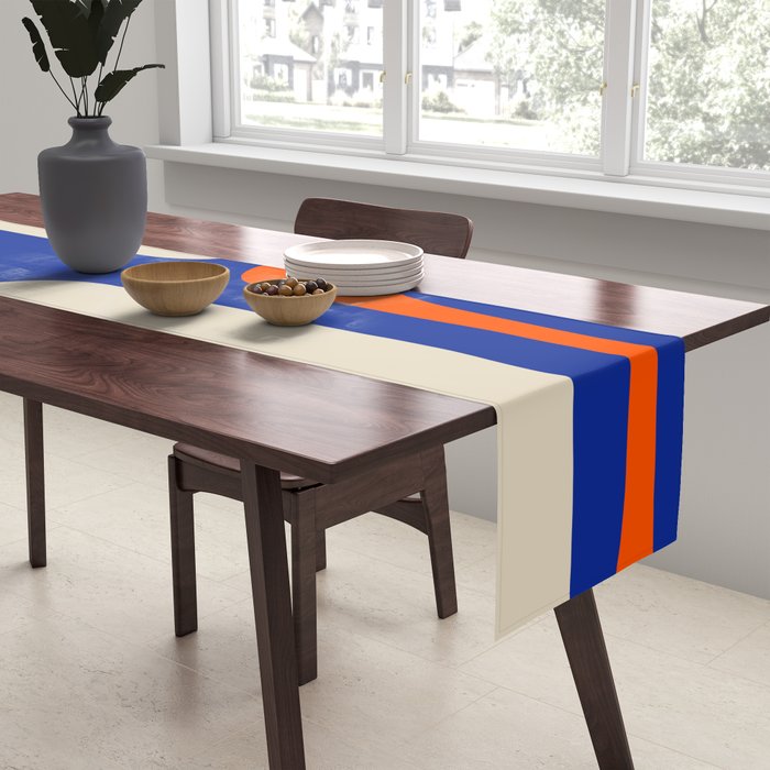 Mid Century Modern Abstract Retro Piquet Pattern Blue Orange Beige Table Runner Gallery Image 2