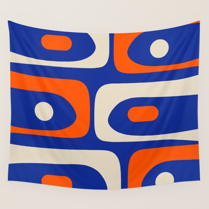 Mid Century Modern Abstract Retro Piquet Pattern Blue Orange Beige Wall Tapestry Gallery Image 1