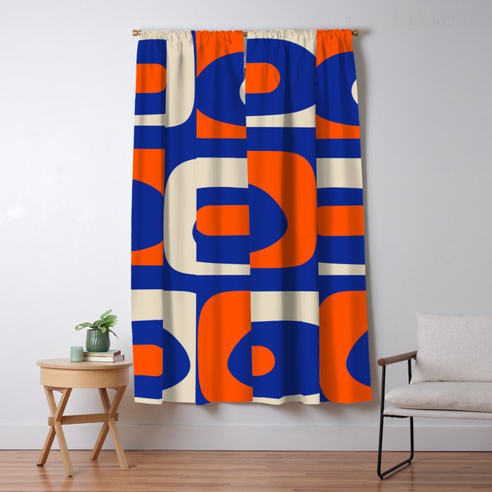 Mid Century Modern Abstract Retro Piquet Pattern Blue Orange Beige Window Curtain Gallery Image 1