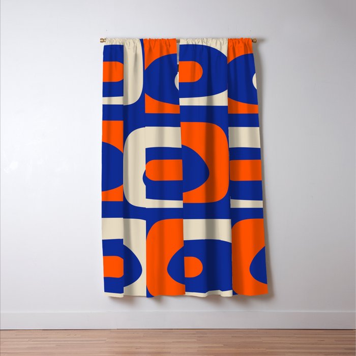 Mid Century Modern Abstract Retro Piquet Pattern Blue Orange Beige Window Curtain Gallery Image 3