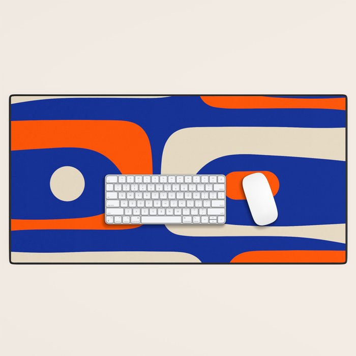Mid Century Modern Abstract Retro Piquet Pattern Blue Orange Beige Desk Mat Gallery Image 1