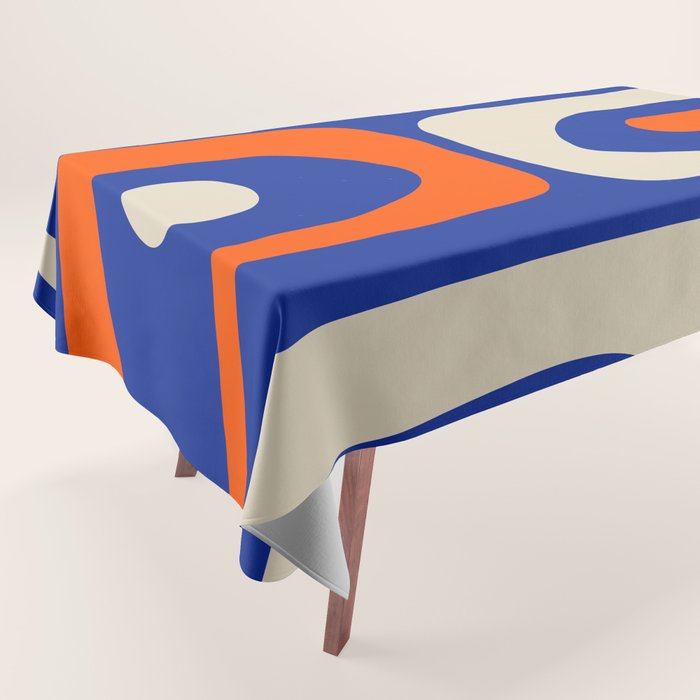 Mid Century Modern Abstract Retro Piquet Pattern Blue Orange Beige Tablecloth Gallery Image 1