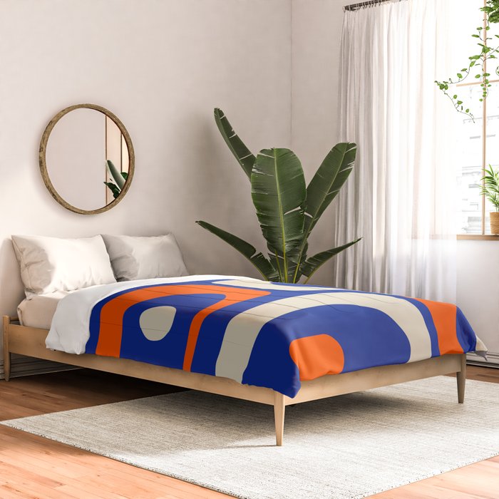 Mid Century Modern Abstract Retro Piquet Pattern Blue Orange Beige Comforter Gallery Image 2