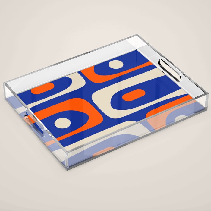 Mid Century Modern Abstract Retro Piquet Pattern Blue Orange Beige Acrylic Tray Gallery Image 1