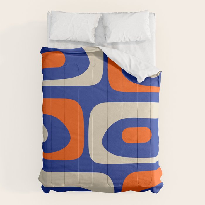 Mid Century Modern Abstract Retro Piquet Pattern Blue Orange Beige Comforter Gallery Image 6