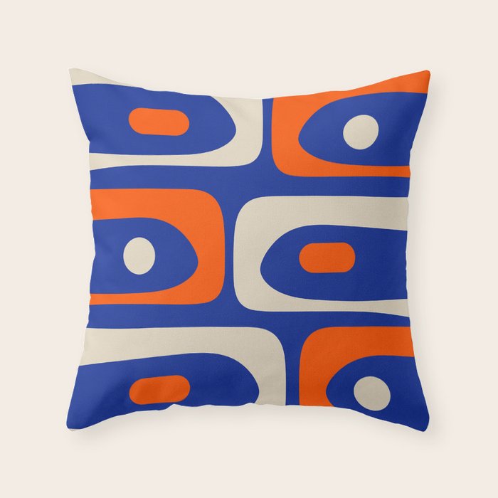 Mid Century Modern Abstract Retro Piquet Pattern Blue Orange Beige Throw Pillow Gallery Image 1