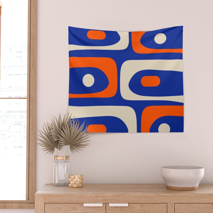 Mid Century Modern Abstract Retro Piquet Pattern Blue Orange Beige Wall Tapestry Gallery Image 2