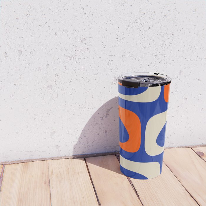 Mid Century Modern Abstract Retro Piquet Pattern Blue Orange Beige Travel Mug Gallery Image 4
