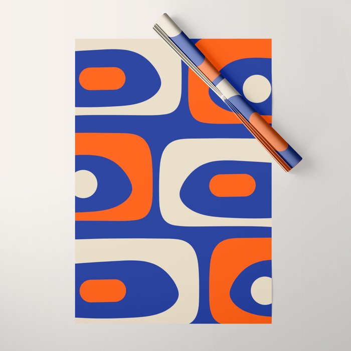 Mid Century Modern Abstract Retro Piquet Pattern Blue Orange Beige Wrapping Paper Gallery Image 1