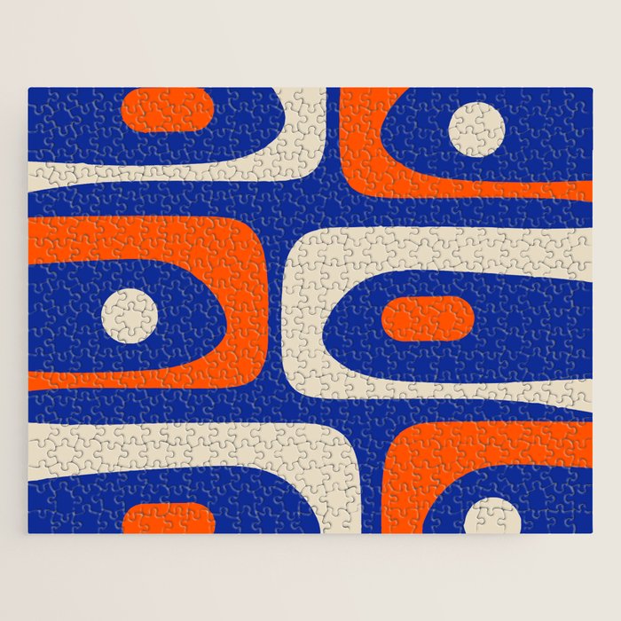 Mid Century Modern Abstract Retro Piquet Pattern Blue Orange Beige Jigsaw Puzzle Gallery Image 1