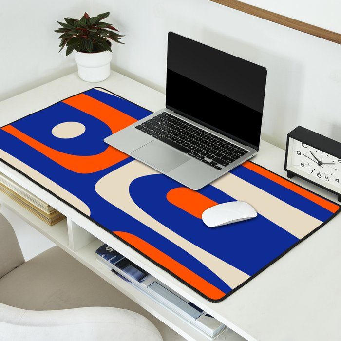Mid Century Modern Abstract Retro Piquet Pattern Blue Orange Beige Desk Mat Gallery Image 2