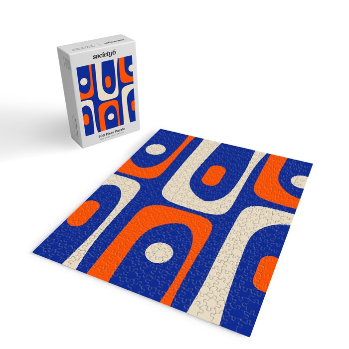 Mid Century Modern Abstract Retro Piquet Pattern Blue Orange Beige Jigsaw Puzzle Gallery Image 2