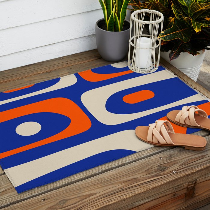 Mid Century Modern Abstract Retro Piquet Pattern Blue Orange Beige Outdoor Rug Gallery Image 2