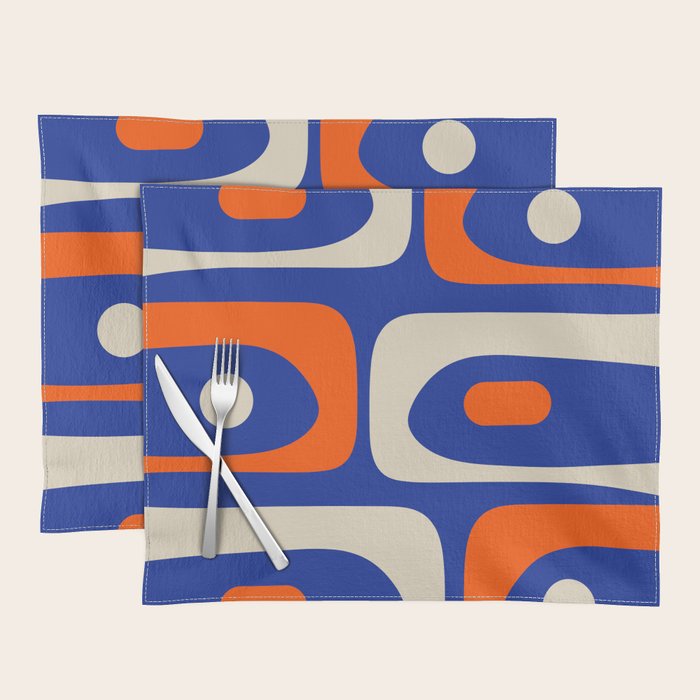 Mid Century Modern Abstract Retro Piquet Pattern Blue Orange Beige Placemat Gallery Image 1