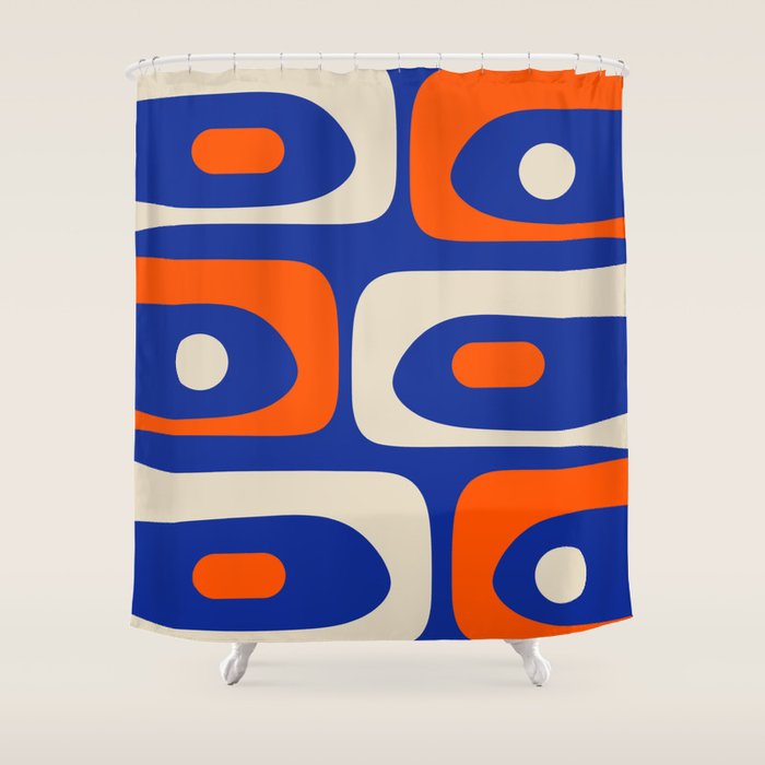 Mid Century Modern Abstract Retro Piquet Pattern Blue Orange Beige Shower Curtain Gallery Image 1