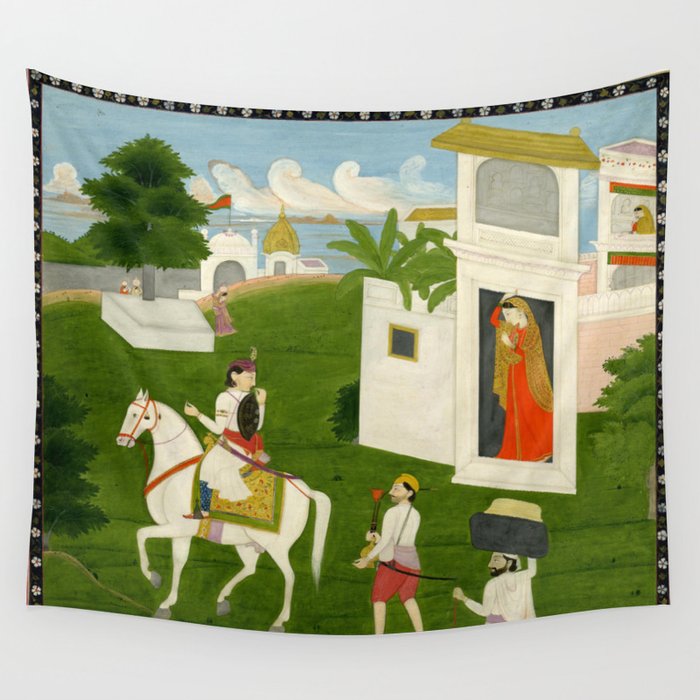  Painting. Love. A prince on a horse with attendants, taking leave of a lady. Indian Art Painted on paper.  Wall Tapestry Gallery Image 4
