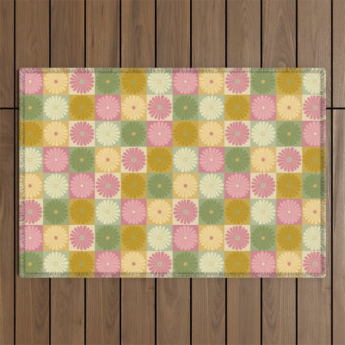 Retro Flowers Check Pattern XVII Outdoor Rug Gallery Image 1
