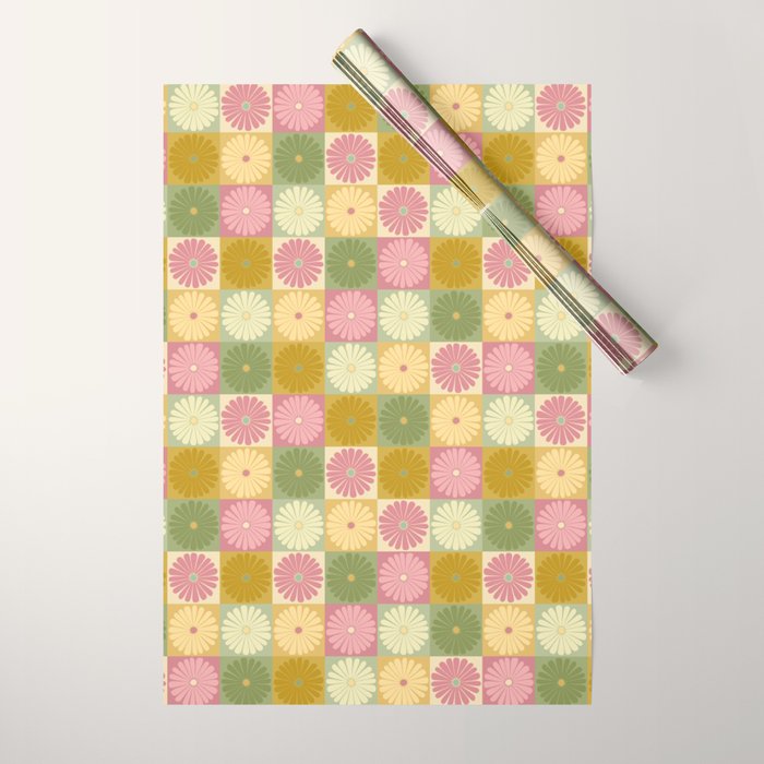 Retro Flowers Check Pattern XVII Wrapping Paper Gallery Image 1