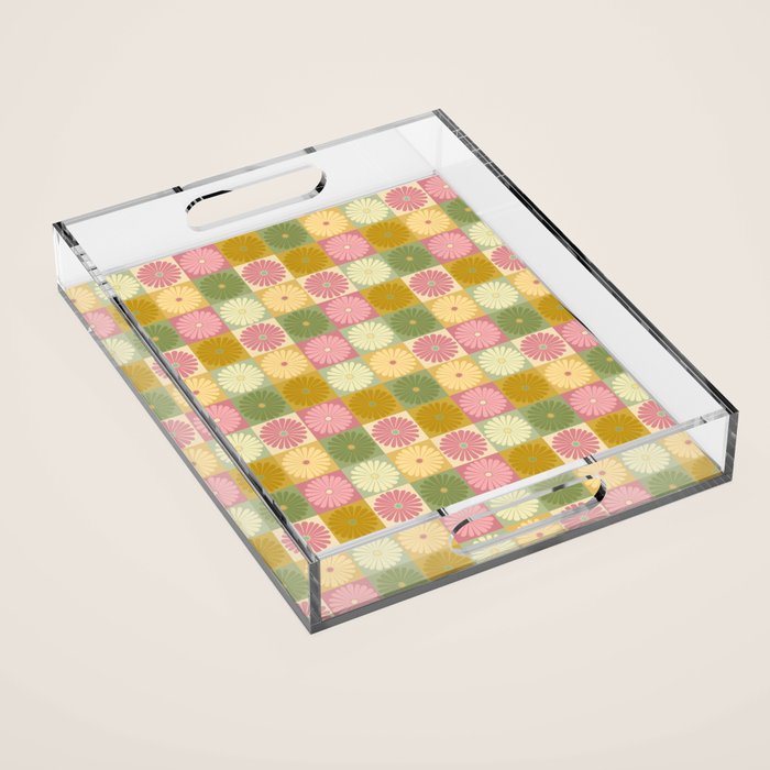Retro Flowers Check Pattern XVII Acrylic Tray Gallery Image 1