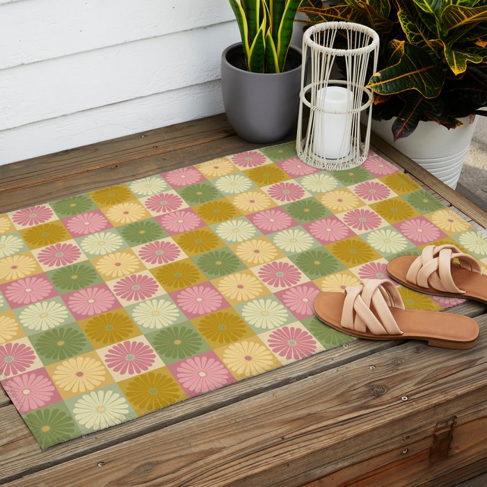 Retro Flowers Check Pattern XVII Outdoor Rug Gallery Image 2