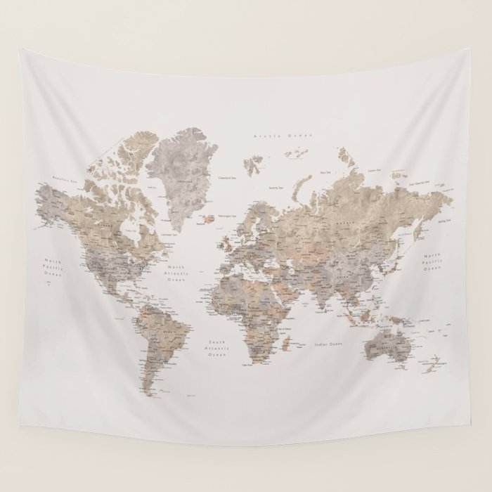 World map with cities in brown and light gray Wall Tapestry Gallery Image 1