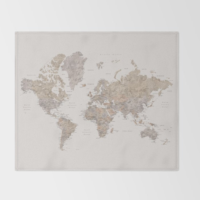 World map with cities in brown and light gray Throw Blanket Gallery Image 2