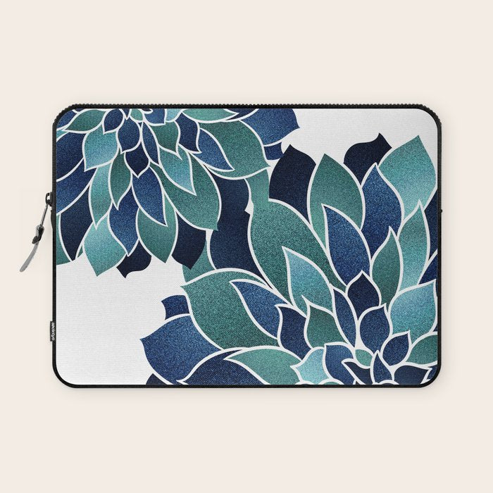 Festive, Floral Prints, Navy Blue and Teal on White Laptop Sleeve Gallery Image 1
