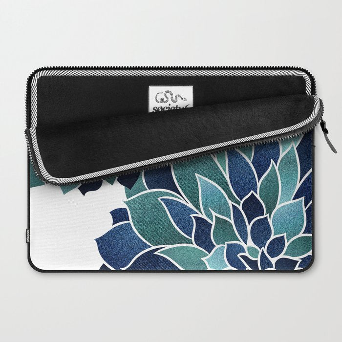 Festive, Floral Prints, Navy Blue and Teal on White Laptop Sleeve Gallery Image 2