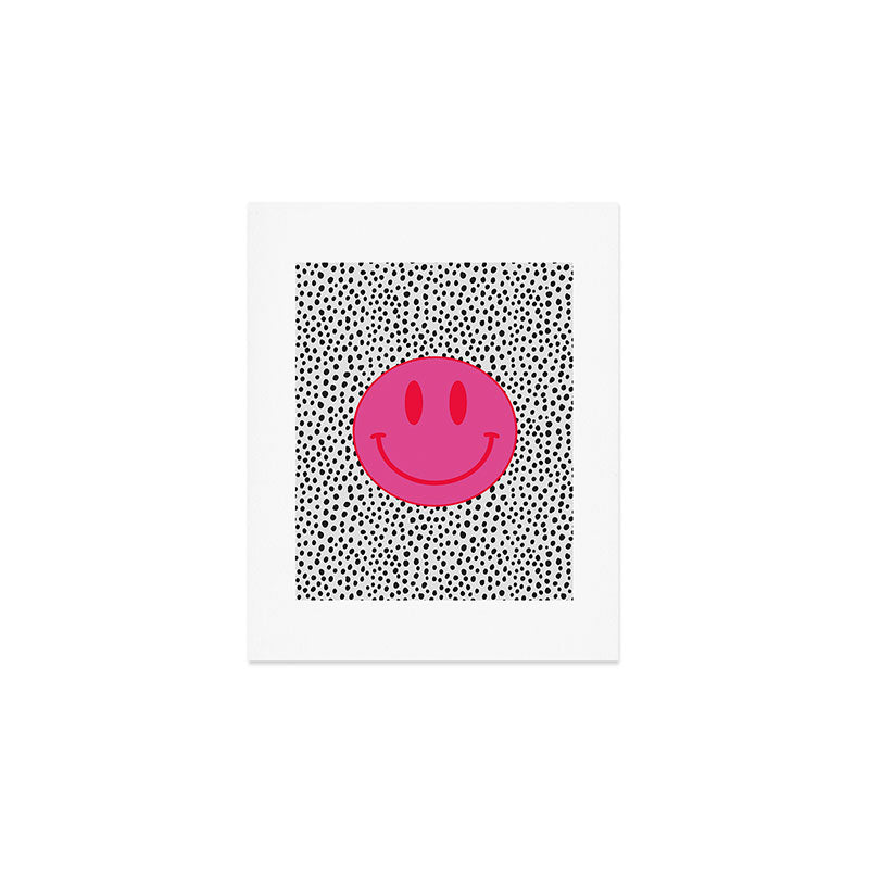 Cute Pink and Red Smiley Face on Black and White Background Art Print Gallery Image 1