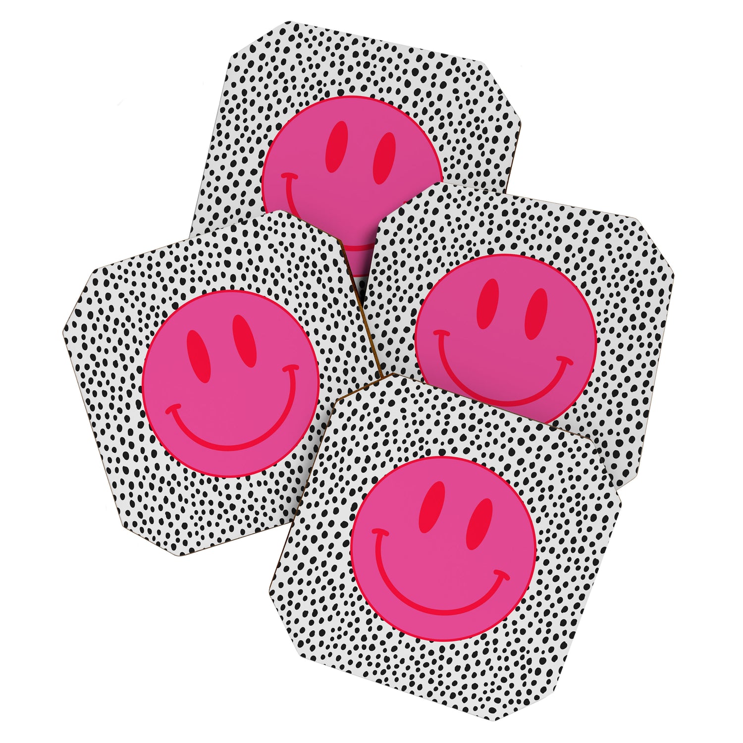 Cute Pink and Red Smiley Face on Black and White Background Coaster Gallery Image 1