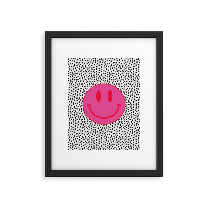 Cute Pink and Red Smiley Face on Black and White Background Framed Art Print Gallery Image 1