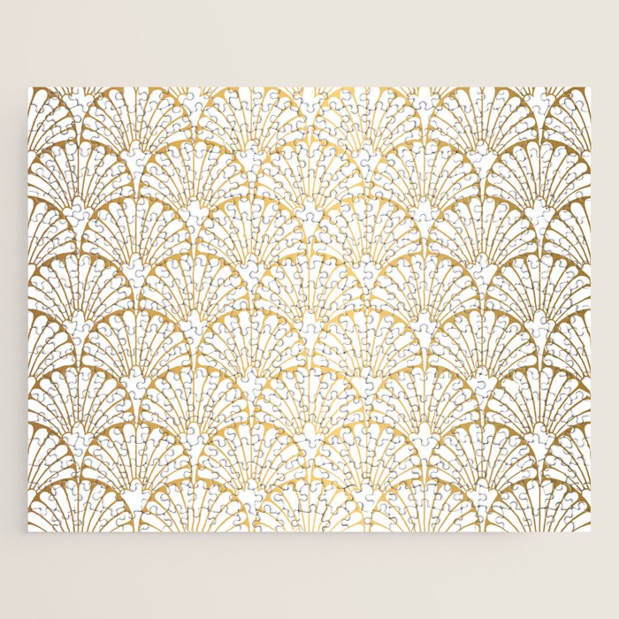 Elegant Art Deco Gold & White Fan Pattern Jigsaw Puzzle Gallery Image 1