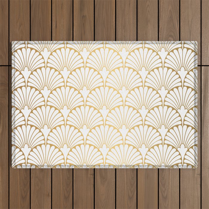 Elegant Art Deco Gold & White Fan Pattern Outdoor Rug Gallery Image 1