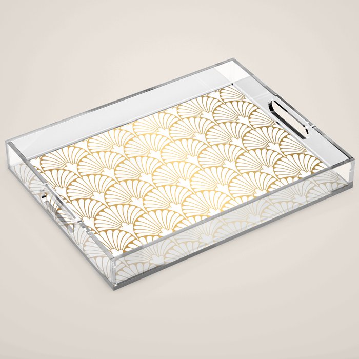 Elegant Art Deco Gold & White Fan Pattern Acrylic Tray Gallery Image 1