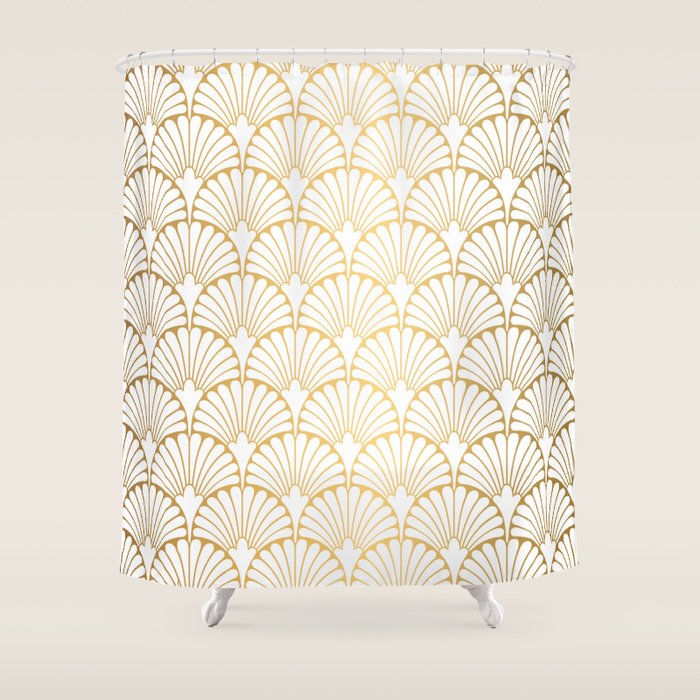 Elegant Art Deco Gold & White Fan Pattern Shower Curtain Gallery Image 1