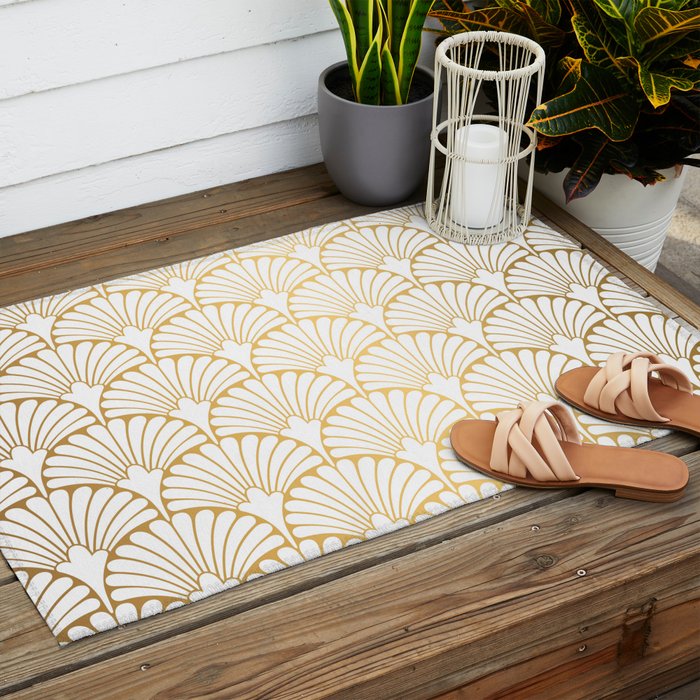 Elegant Art Deco Gold & White Fan Pattern Outdoor Rug Gallery Image 2