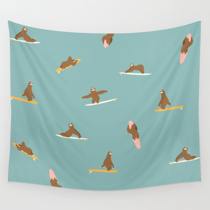 Surfing Sloth in Blue Wall Tapestry Gallery Image 4