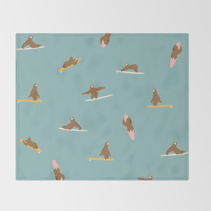 Surfing Sloth in Blue Throw Blanket Gallery Image 2