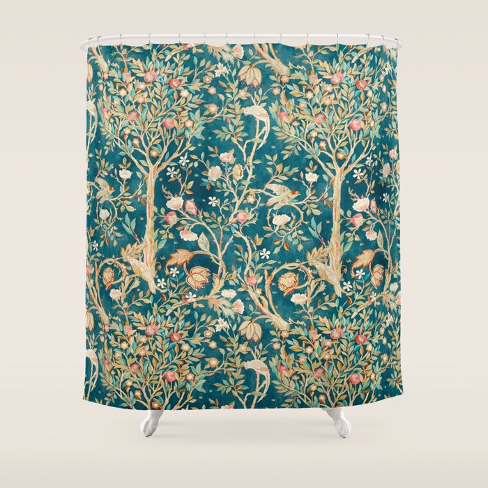 William Morris Vintage Melsetter Teal Blue Green Floral Art Shower Curtain Gallery Image 1