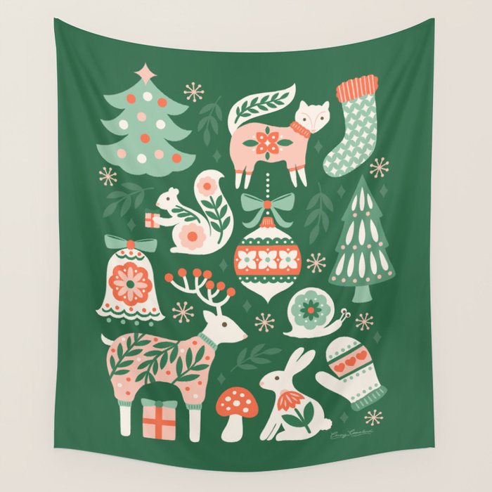 Festive Folk Art Forest Animals - Green and Red Wall Tapestry Gallery Image 4