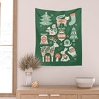 Festive Folk Art Forest Animals - Green and Red Wall Tapestry Gallery Image 2