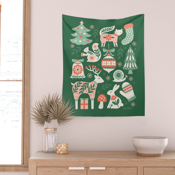 Festive Folk Art Forest Animals - Green and Red Wall Tapestry Gallery Image 2