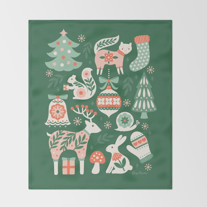 Festive Folk Art Forest Animals - Green and Red Throw Blanket Gallery Image 2