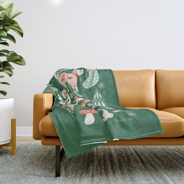 Festive Folk Art Forest Animals - Green and Red Throw Blanket Gallery Image 1